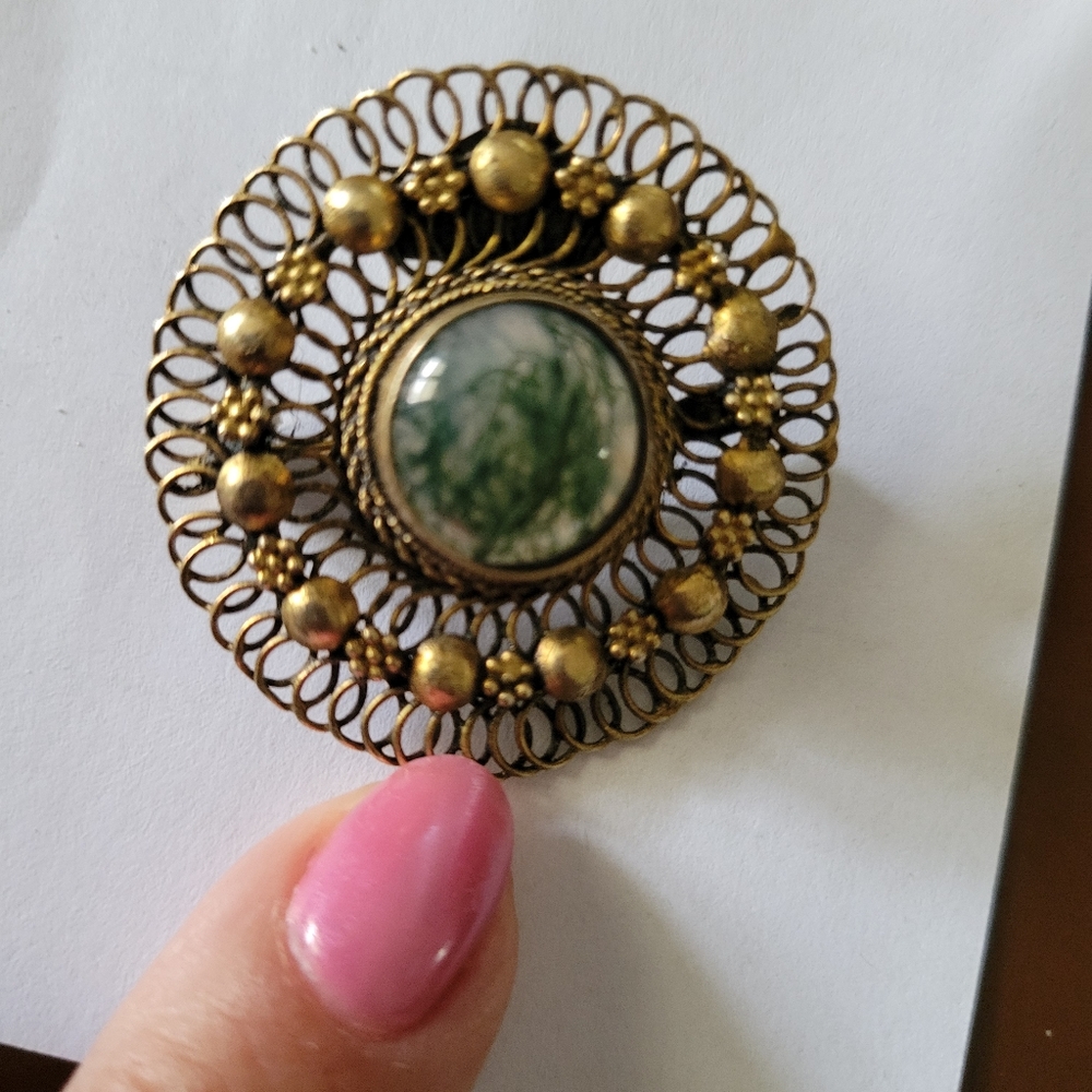Vintage Eilat 925 Stone Brooch Made in Israel Gold and Green Round Brooch EUC